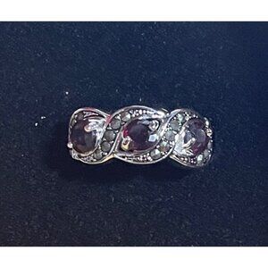 Garnet & Marcasite Silver Tone Ring Size 7 Elegant Infinity Design
